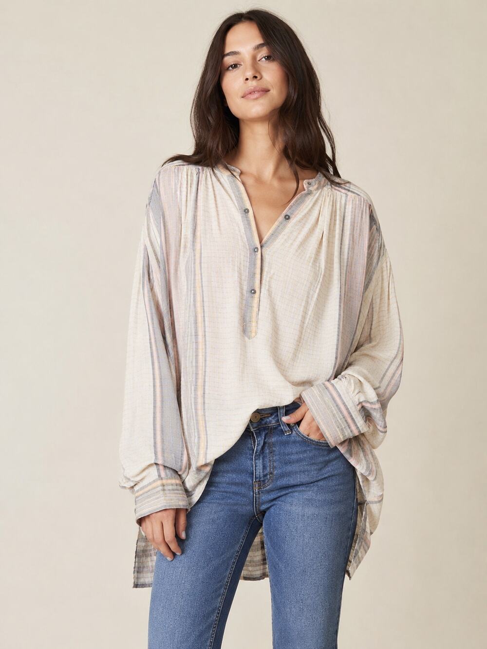 Free People Come On Over Plaid Oversized Tunic Top Pockets Size Medium